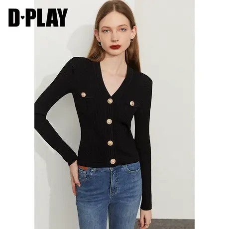 DPLAY春热销冰麻纱V领金属扣经典黑色垫肩针织开衫上衣商品大图