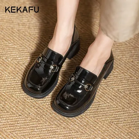 珂卡芙粗跟英伦小皮鞋女2023新款秋季厚底黑色漆皮乐福鞋软皮女鞋商品大图