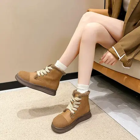 冬季棉鞋女加绒加厚保暖系带冬靴2023新款短筒皮毛一体雪地靴时尚商品大图