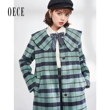 【买1送1】Oece复古格子呢大衣冬装新款女中长款气质毛呢外套商品大图