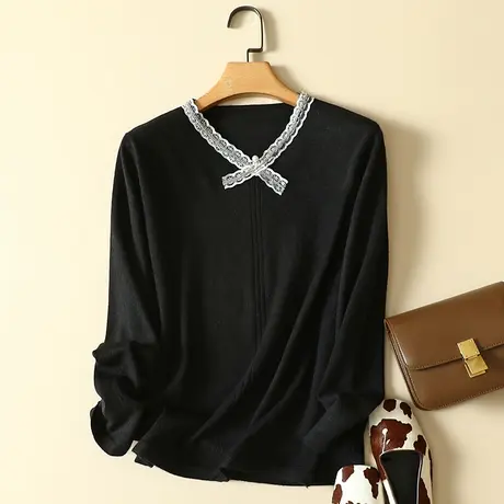 清仓！秋冬季2023年新款蕾丝拼接V领女士内搭针织宽松洋气打底衫商品大图