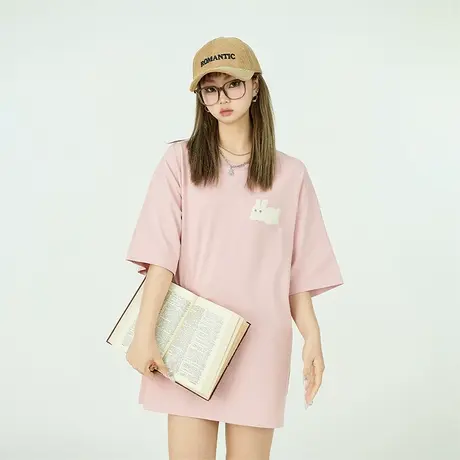 2023年新款夏装新年兔子可爱粉色独特设计短袖t恤女纯棉上衣国潮商品大图