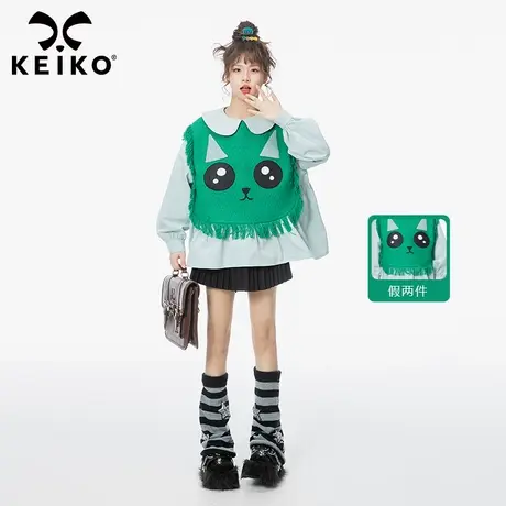 绿精灵假两件拼接衬衫女2023春季鬼马少女感泡泡袖上衣韩版娃娃衫商品大图