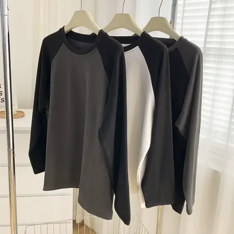 拼接撞色插肩袖T恤女内搭德绒保暖打底衫秋冬宽松加厚加绒上衣服商品大图