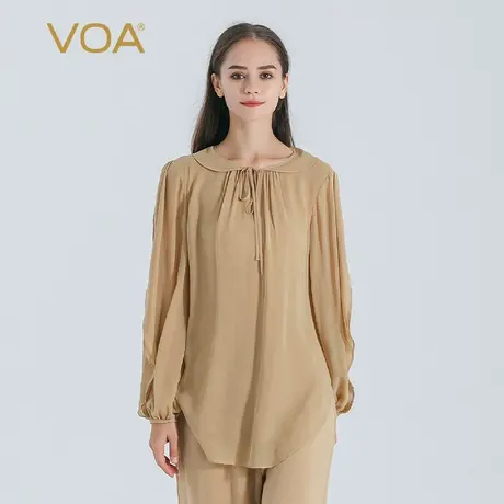 VOA奶咖色双层乔其桑蚕丝V领灯笼长袖露背设计宽松尖角摆真丝上衣图片