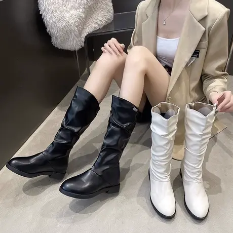 西部牛仔靴女2023新款内增高堆堆靴子长筒靴厚底时装中高筒瘦瘦靴图片