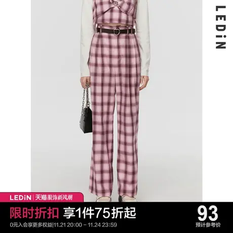 乐町高腰粉色格纹休闲裤女宽松裤子阔腿裤C1GBC1303商品大图