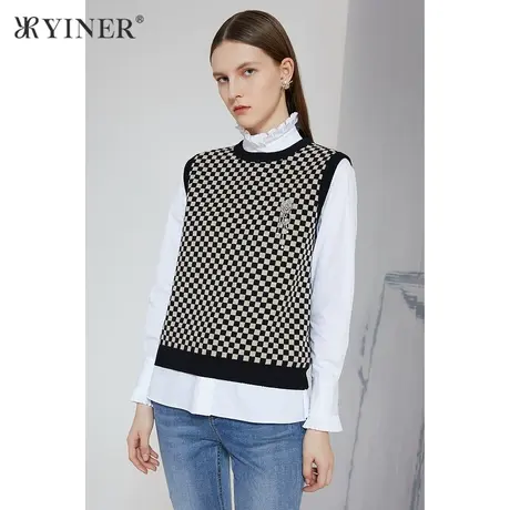 *YINER音儿女装冬季黑白方格纯羊毛针织衫商品大图