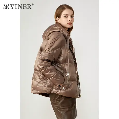YINER音儿奥莱女装冬季短款绣花连帽羽绒服商品大图