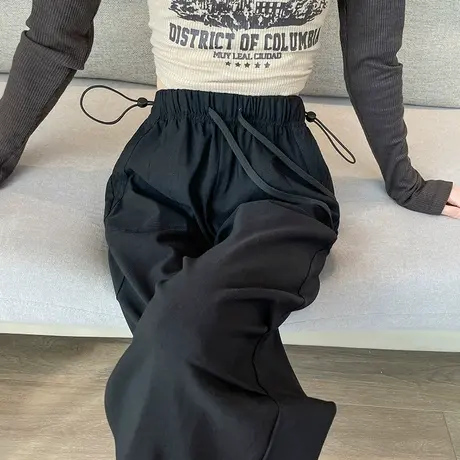 美式抽绳束脚阔腿工装裤女秋季新款高腰显瘦百搭宽松休闲运动裤子图片