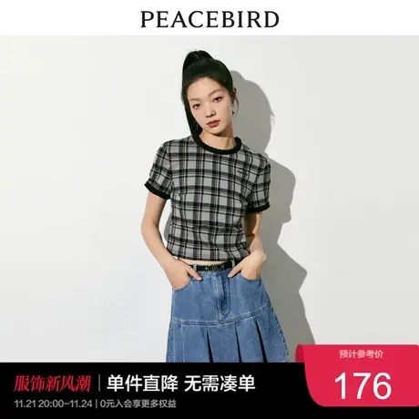 太平鸟格纹短款T恤女短袖2023夏编织圆领纯欲bm风辣妹短上衣奥莱商品大图