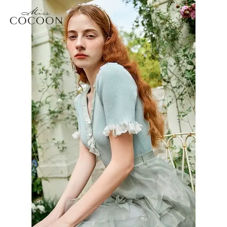 missCOCOON针织t恤女2023年夏季新款设计感小众v领小香风短袖上衣商品大图