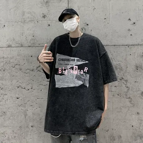 美式夏季短袖T恤男高街水洗圆领半袖衣服ins潮情侣款潮牌宽松体恤商品大图