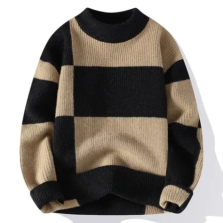 撞色毛衣男2023秋冬季潮牌针织衫冬天宽松羊毛衫圆领加厚保暖线衣商品大图