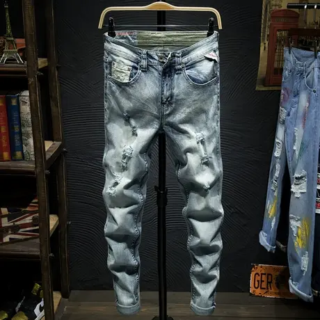 夏季灰色破洞牛仔裤男修身小脚韩版潮流复古青年男士裤子乞丐裤男商品大图