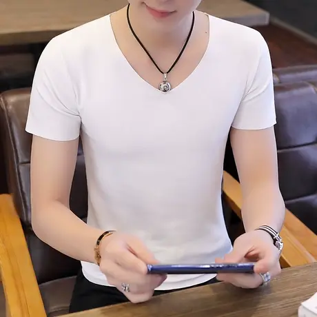 短袖T恤男夏装薄款上衣纯棉半袖V领打底衫纯色汗衫夏季无痕男装潮商品大图