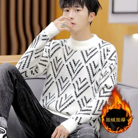 青少年毛衣男冬季加绒加厚仿水貂绒针织学生款套头潮牌保暖羊绒衫商品大图