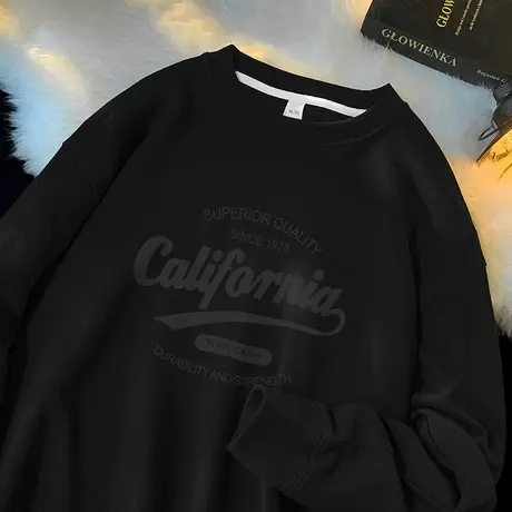 350g重磅卫衣男2024新款潮牌潮流黑色上衣服印花圆领无帽长袖t恤商品大图