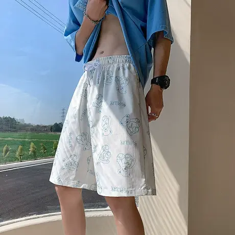 夏季薄款外穿短裤ins潮牌满印小熊运动宽松港风潮流休闲五分裤子商品大图
