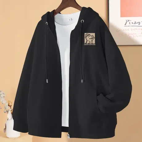黑色外套女今年流行卫衣2023年新款秋季连帽开衫拉链宽松薄款上衣商品大图