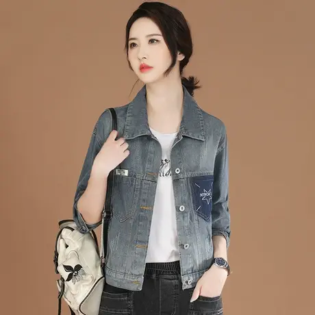 韩潮袭人长袖拼接牛仔短外套女2023秋装新款休闲百搭夹克棒球服商品大图