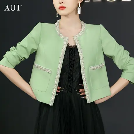 AUI绿色名媛气质短款小香风外套女2023早春新款高端休闲修身上衣商品大图
