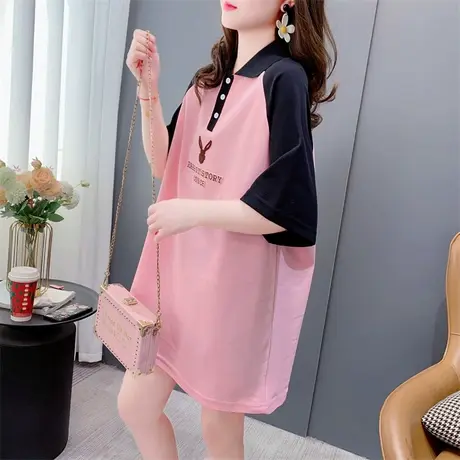 日系Polo衫拼色短袖t恤女2023春夏新款宽松中长款洋气减龄上衣ins商品大图