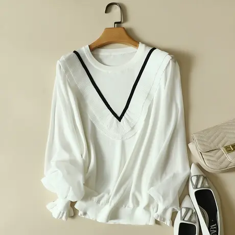 雪纺袖冰丝针织衫女春装2024年新款长袖宽松上衣洋气蕾丝打底衫女图片