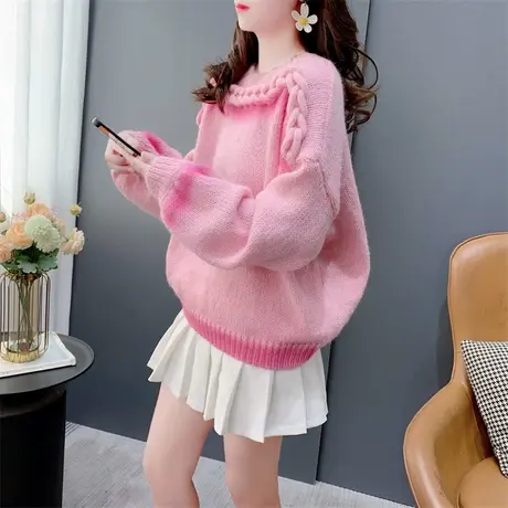 复古温柔风扎染圆领毛衣女套头2023新款秋冬韩版设计感小个子上衣图片