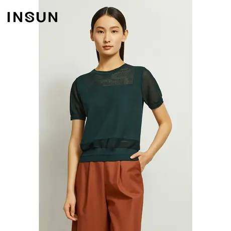 INSUN恩裳夏季圆领拼接弹力薄款针织衫图片