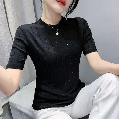 网纱打底T恤女短袖2024新款纯色百搭重工烫钻上衣设计感小众半袖商品大图