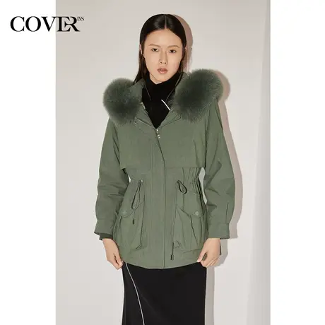 COVER冬季狐狸毛领抽绳收腰皮草派克服图片