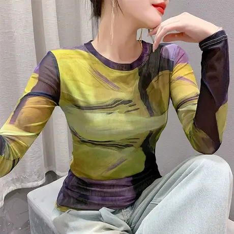 性感网纱T恤女长袖气质减龄扎染印花圆领上衣洋气透气修身打底衫商品大图