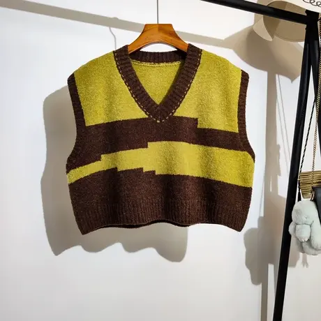 学院风撞色针织马甲女秋冬新款宽松v领叠穿无袖坎肩毛衣背心外搭商品大图