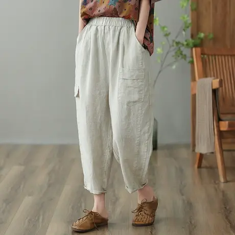 dza 高腰显瘦亚麻休闲裤女2023夏季九分直筒裤宽松百搭棉麻哈伦裤图片