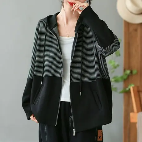 dza 复古拼接撞色条纹连帽外套女秋新款宽松短款上衣休闲运动卫衣商品大图