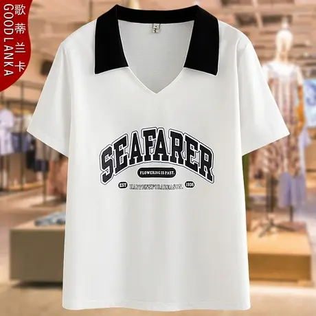 加肥加大码中年妈妈夏装V领上衣宽松时尚减龄字母印花纯棉短袖T恤商品大图