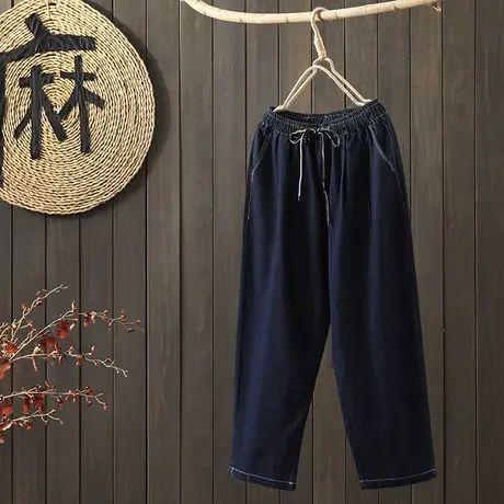 枫谜2021年秋装新款文艺复古牛仔长裤女松紧腰休闲百搭牛仔直筒裤商品大图