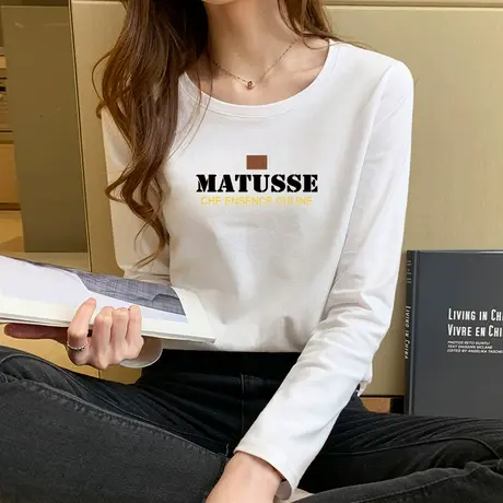 2023春季新款圆领打底衫女2023年春秋纯棉宽松内搭长袖T恤女上衣商品大图