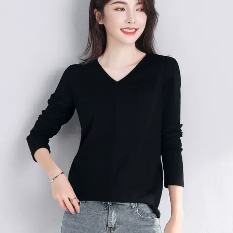2024年春秋新款黑色v领修身显瘦百搭t恤女长袖内搭显瘦上衣打底衫图片