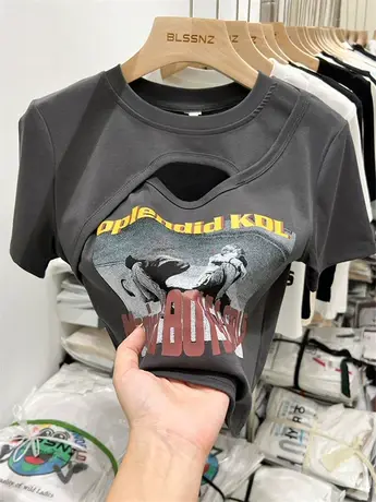 欧货镂空短袖t恤女夏2023新款纯欲别致辣妹设计感小众短款上衣潮商品大图