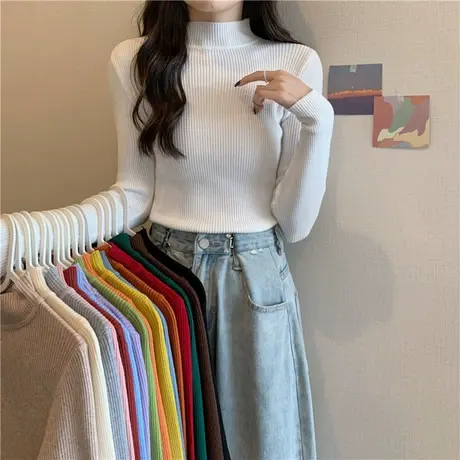 秋装2022新款慵懒高级感洋气内搭薄款打底衫女白色长袖针织衫上衣商品大图