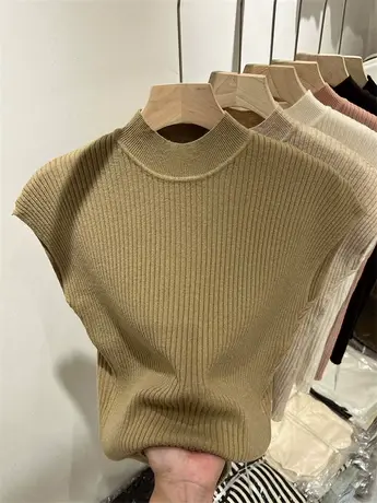 卡其色半高领针织衫飞飞袖坑条小衫女2023秋新款无袖打底衫上衣服商品大图