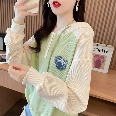 早秋连帽卫衣女春秋韩版宽松大码薄款设计感小众小个子华夫格外套商品大图