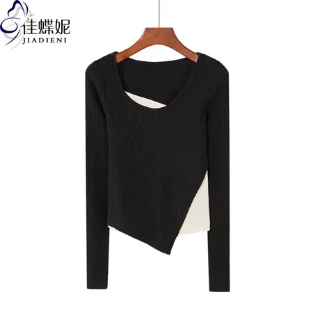 春秋假2件短款T恤拼接个性长袖圆领打底杏色打底女内搭不规则上衣商品大图