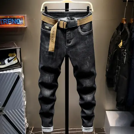 2022夏季新款牛仔裤男潮牌宽松直筒黑色男士长裤子男弹力薄款男裤商品大图