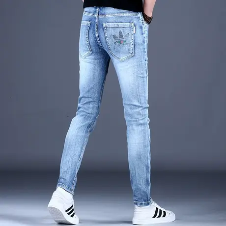 轻奢欧洲站烫钻牛仔裤男款秋冬薄款修身小脚破洞裤子2023新款潮流商品大图