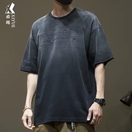 美式复古渐变色短袖T恤男钢印宽松大码水洗夏季高级感休闲体恤衫商品大图