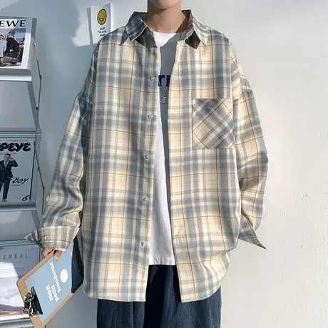 格子衬衫男士2023年秋季新款美式潮牌条纹衬衣服春秋季长袖外套装商品大图