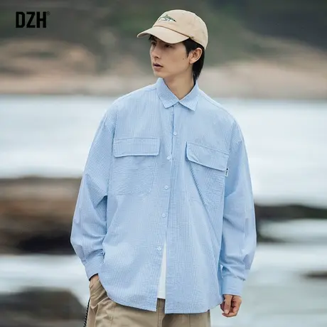 男生工装条纹衬衫男长袖秋季潮牌高级感休闲衬衣外套宽松港风寸衫商品大图